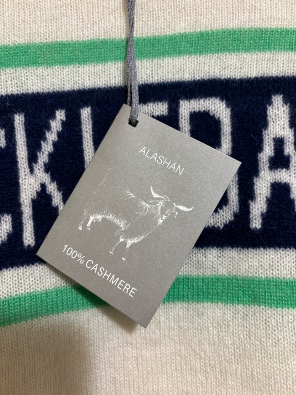 Pickleball cashmere Crewneck Sweater in White with Navy & green Stripes - Picture 5 of 7
